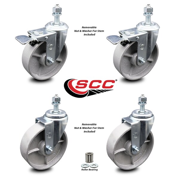 Service Caster Semi Steel Swvl TS Caster w/Roller Bearing-5" Wheel&1/2" Stems-2 w/TTL BRK, 4PK SCC-TSTTL20S515-SSR-121315-2-S-2 - main
